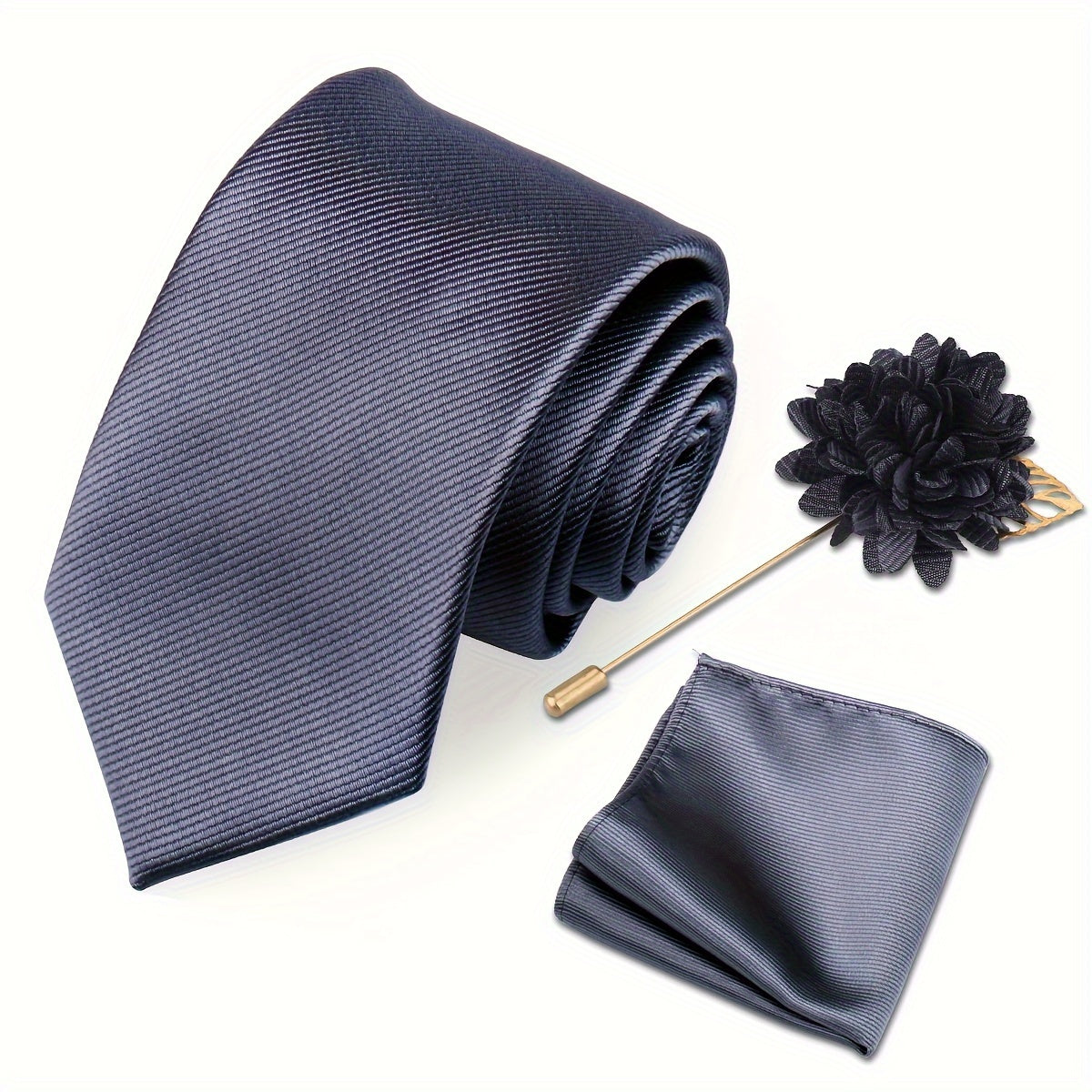 Men's Tie Set with Pocket Towel and Brooch, Classic Striped Plain Design