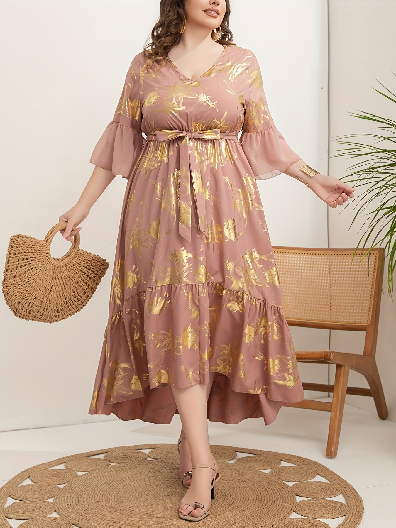 Vestido túnica de mujer talla grande con escote en V, poliéster, para todas las estaciones, tejido con cinturón