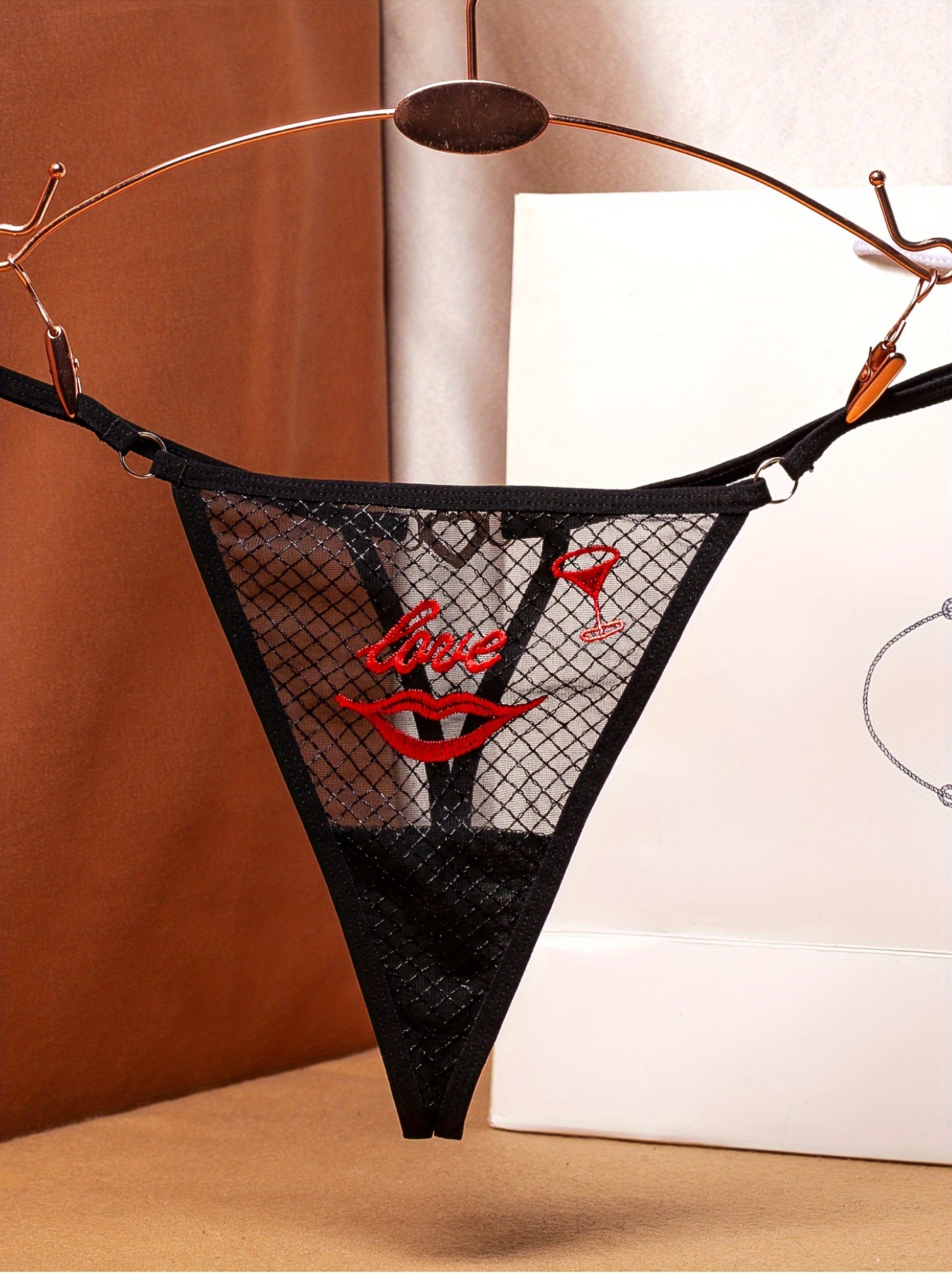 Women’s Mesh Plaid Thong Panties with Love Heart Embroidery and Rhinestones