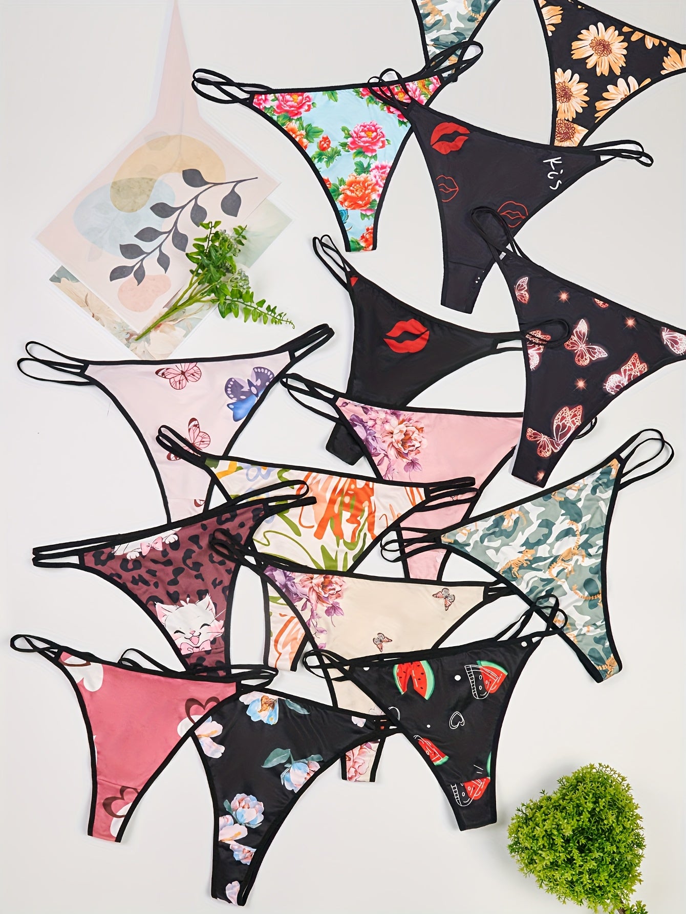 Women's Plus Size Low-Rise Thong Underwear 10 Pack Floral Abstract Print