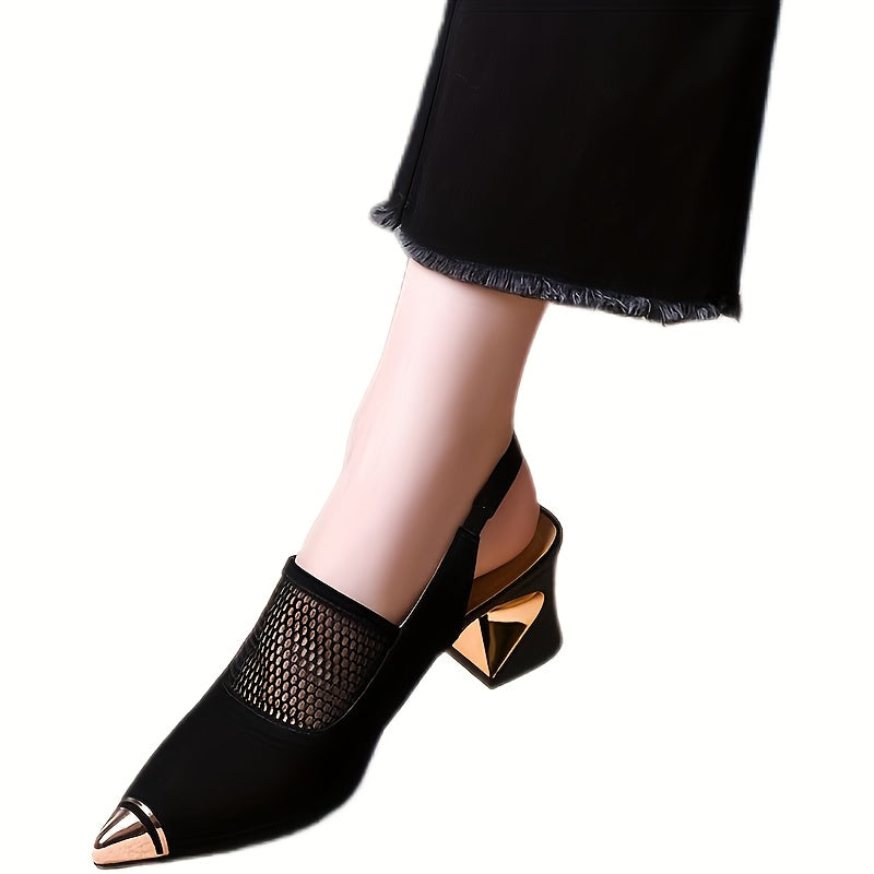 Women's Black Mesh Cut-Out Pointed Toe Ankle Boots with Chunky Heel