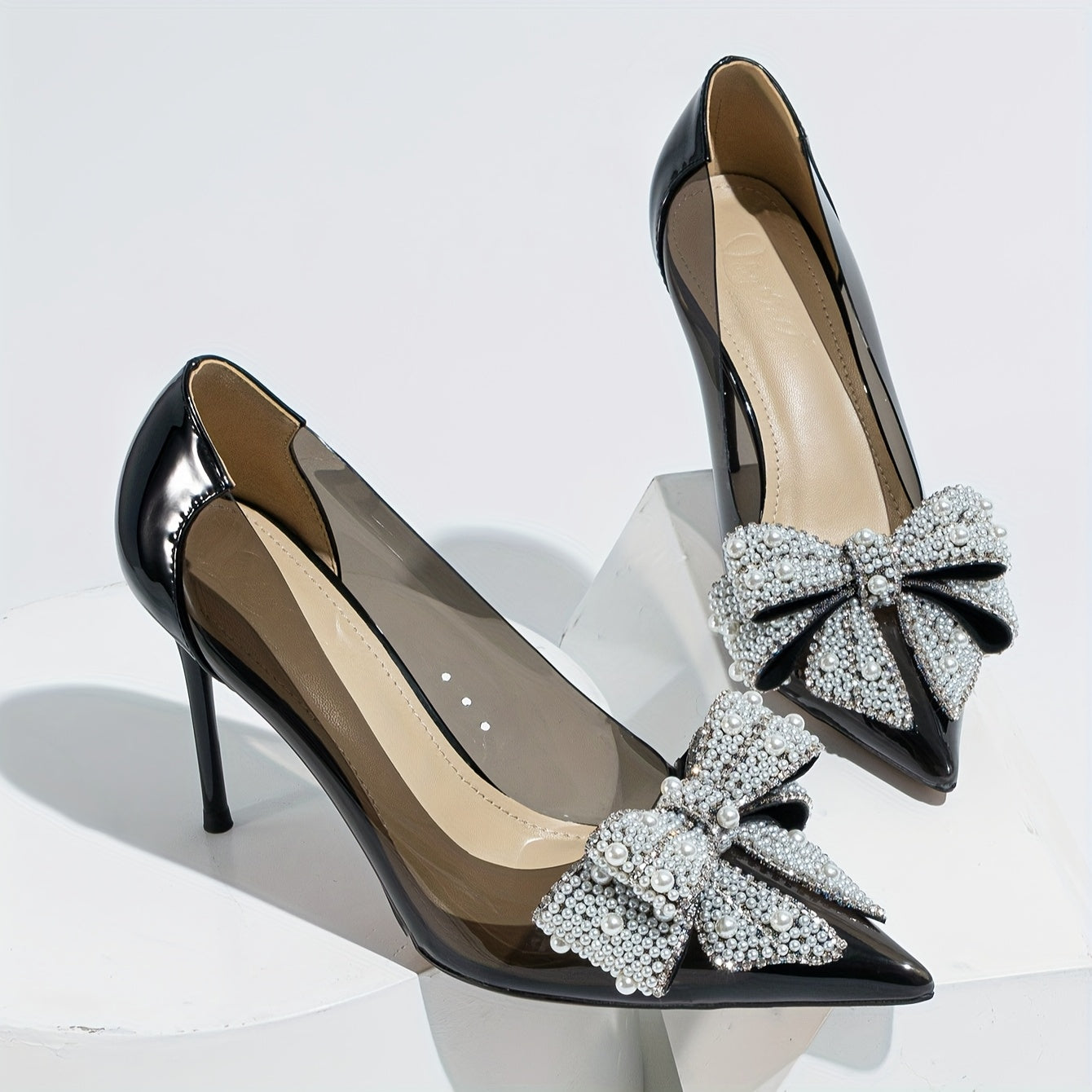 Women High Heel Shoes TPU Pearl Butterfly Pointed Toe Stiletto Silver Gold Champagne