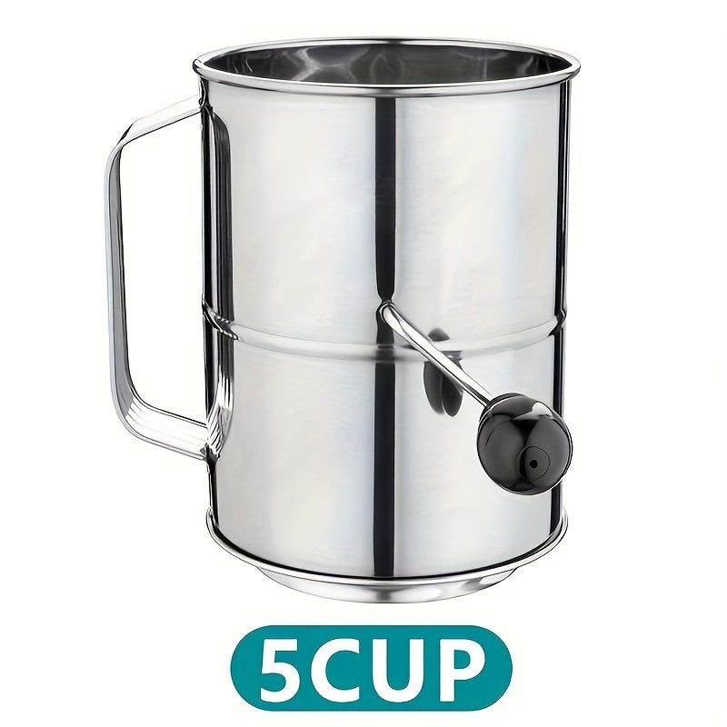 Stainless Steel Hand-Crank Flour Sifter 8-Cup Capacity Baking Cooking