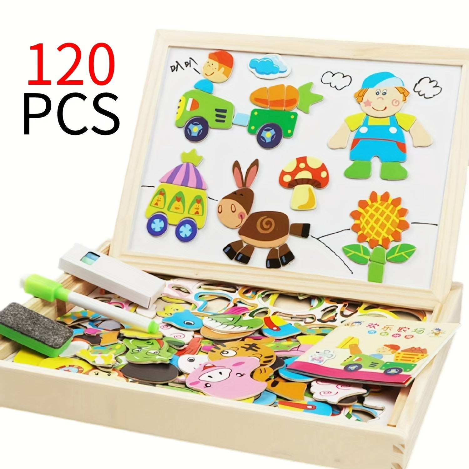 Children's Wooden Puzzle Set with Paintbrush and Chalkboard Educational Toys for Kids Age 3+