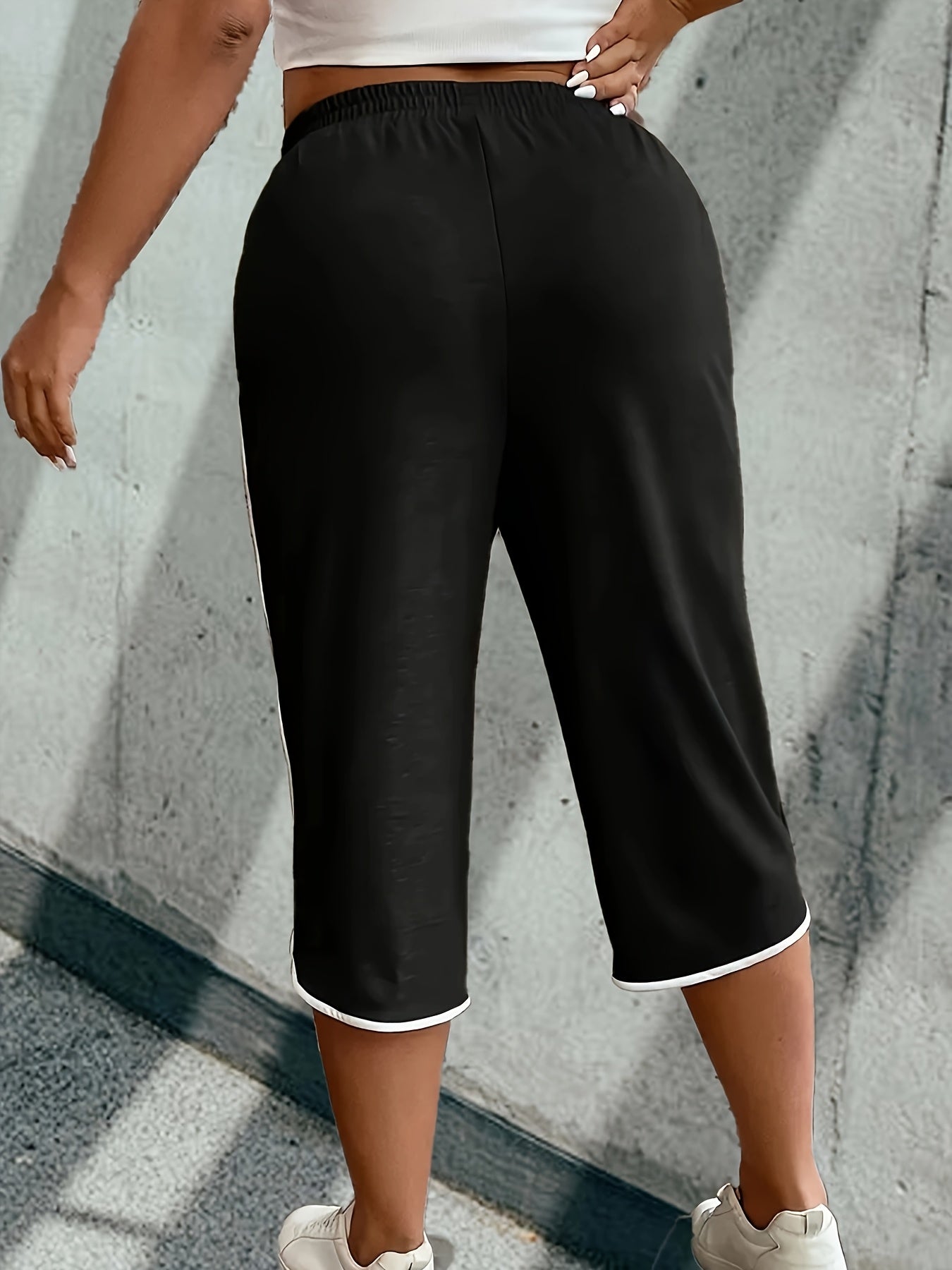 Plus Size Casual Sports Shorts With Striped Patchwork Elastic Waist Summer