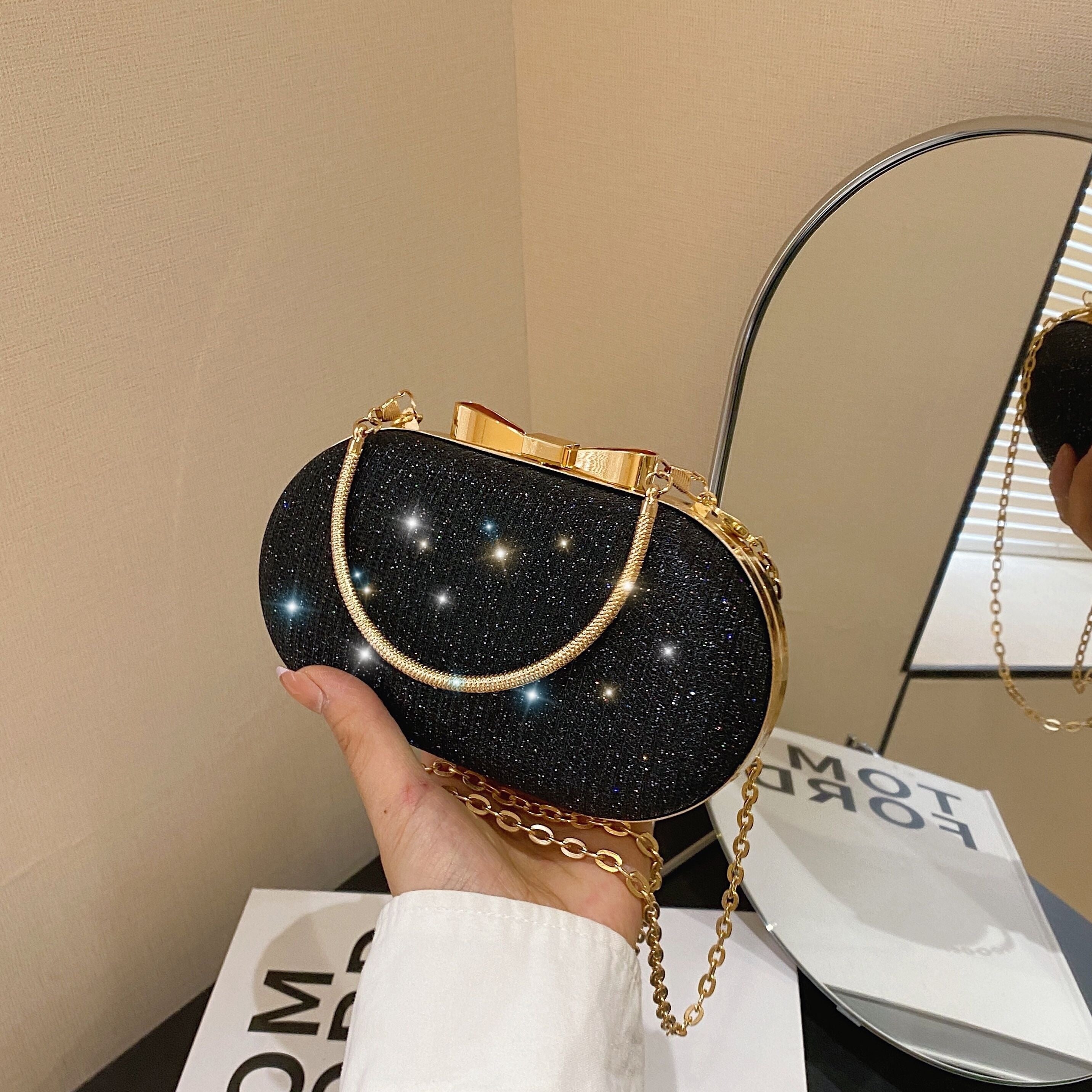 Women's Glitter Evening Bag with Diamonds, Crossbody, Removable Strap