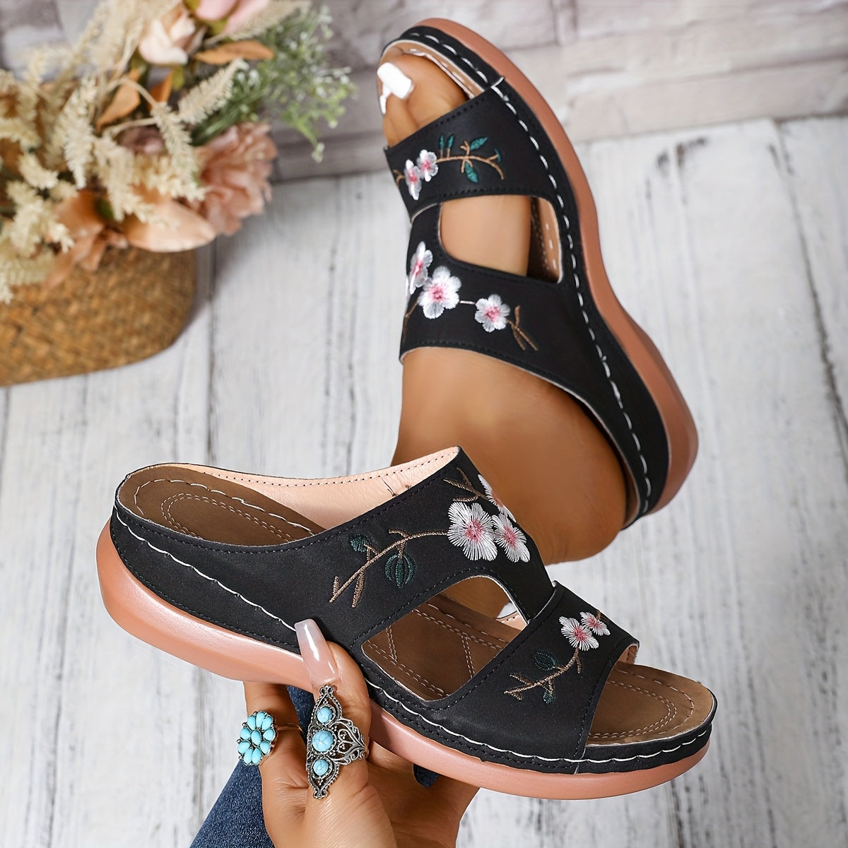 Women's Floral Embroidered Slip-On Sandals Open-Toe Summer Shoes with Rubber Sole