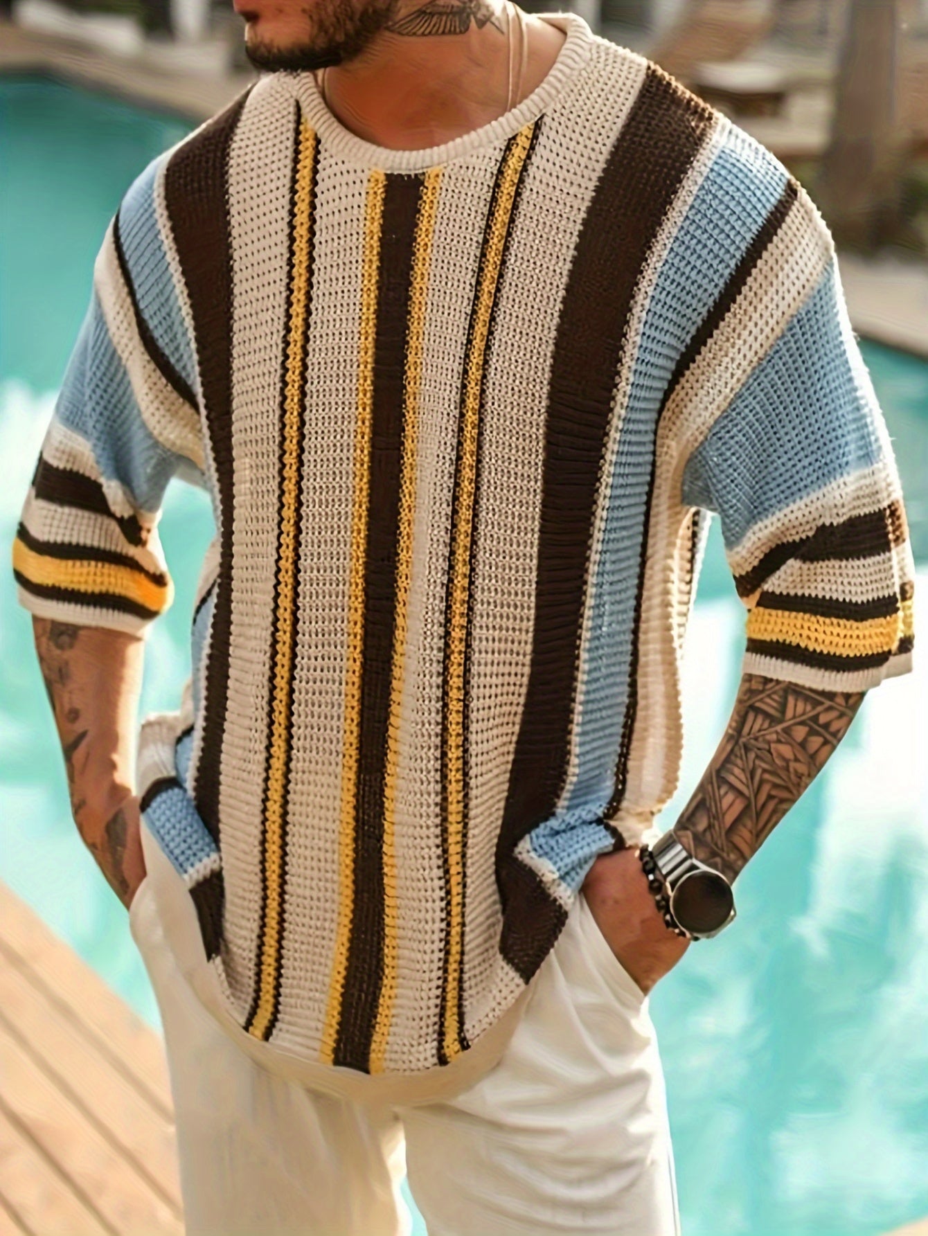 Men's Casual Knit Pullover Sweater Short Sleeve Crew Neck Micro-Elastic Ribbed Stripe Beach Vacation Style