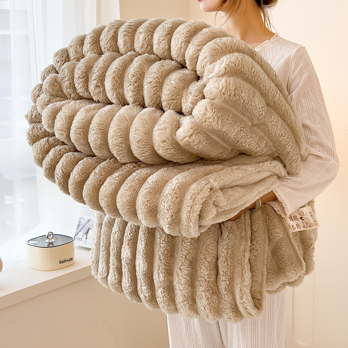 Striped Plush Blanket Double-Sided Fleece All-Season Knit Polyester Machine Washable