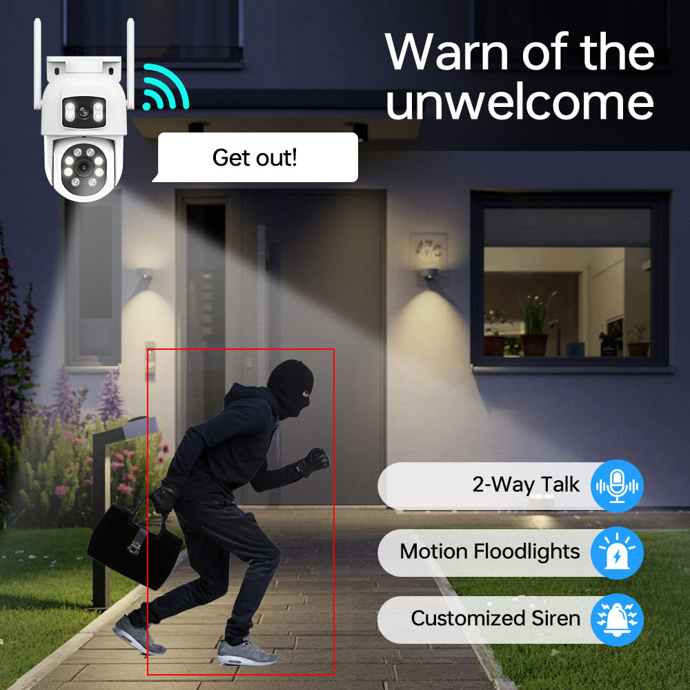 Dual Lens WiFi Security Camera 360° View Night Vision Motion Detection Two-Way Audio