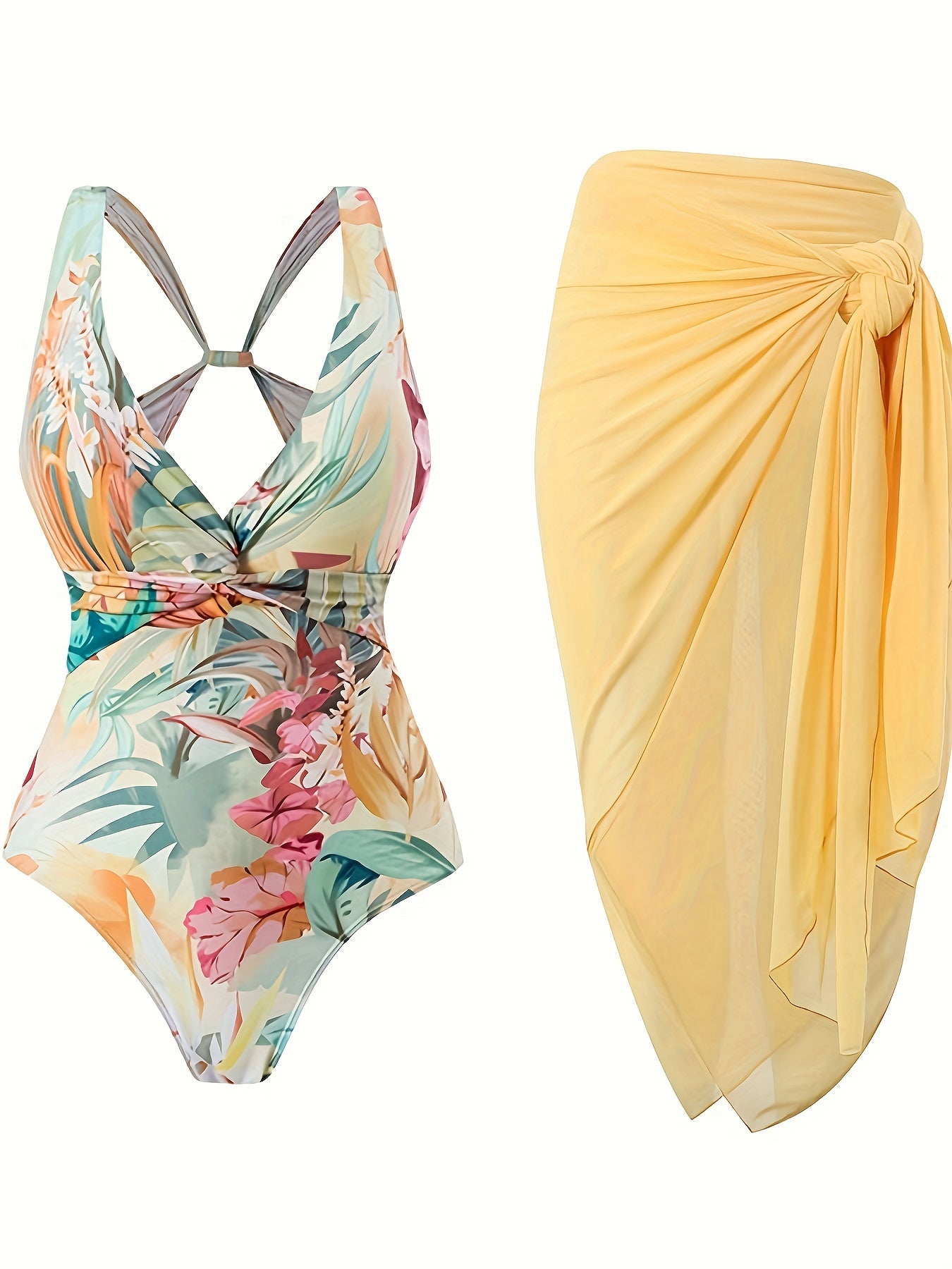 Women's Vintage Floral Two-Piece Swimsuit Set with Removable Beach Smock