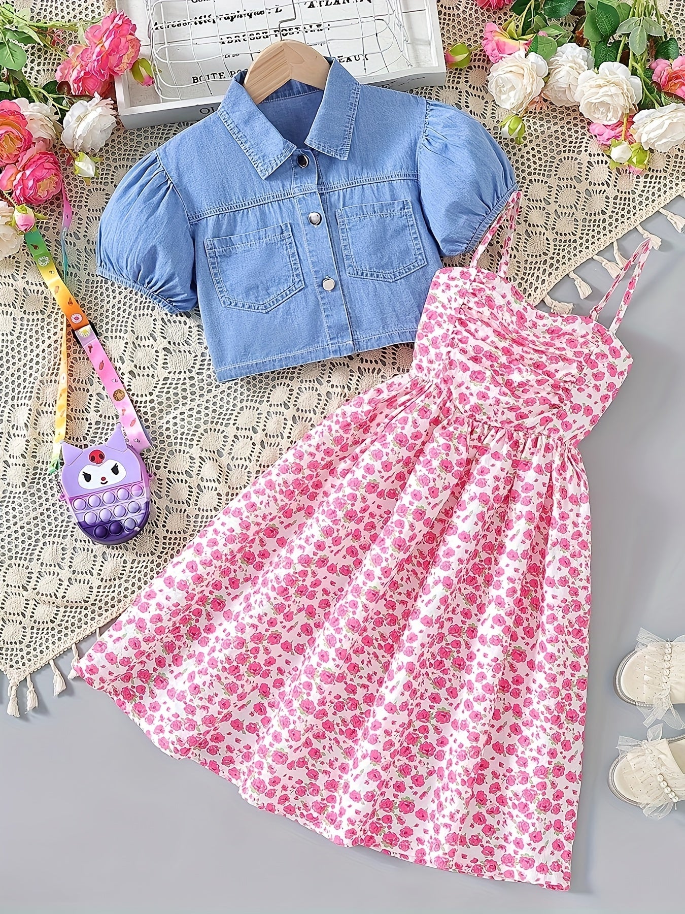 Girls' 2-Piece Denim Top and Floral Cami Dress Set for Girls Summer Outdoor