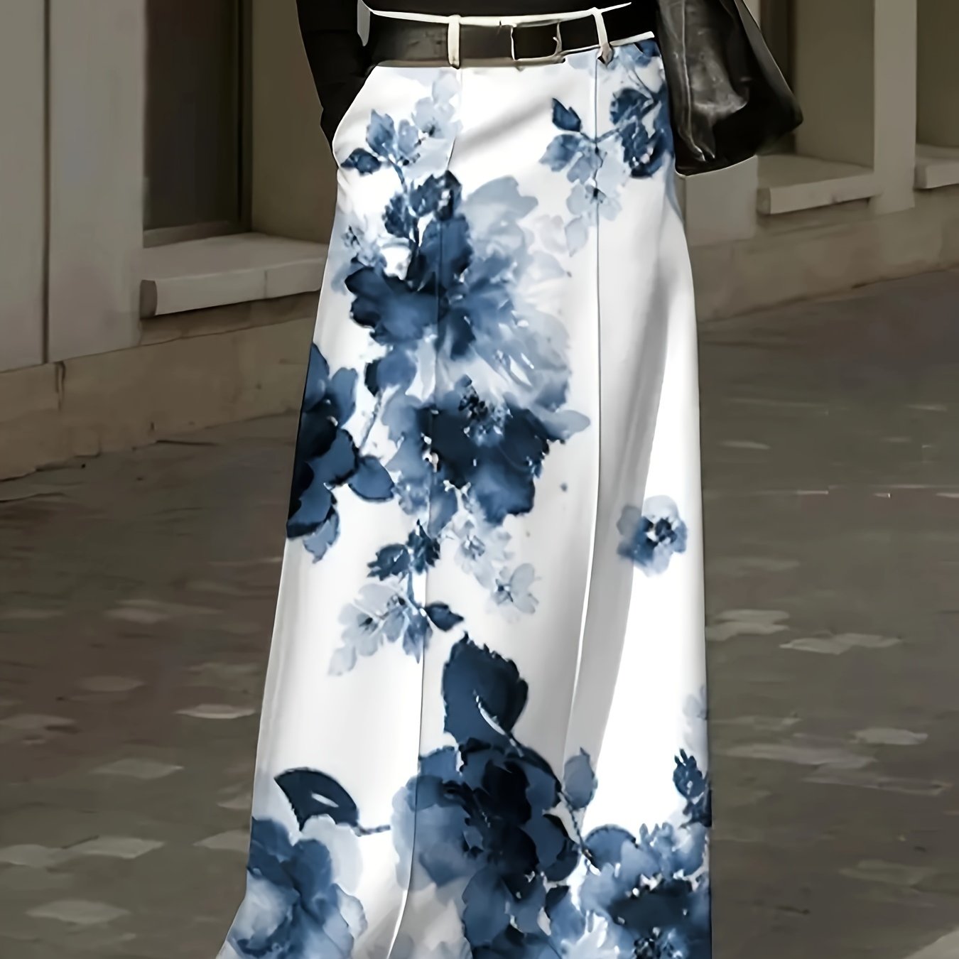 Plus Size Floral Print Midi Skirt With Pockets Polyester Flared