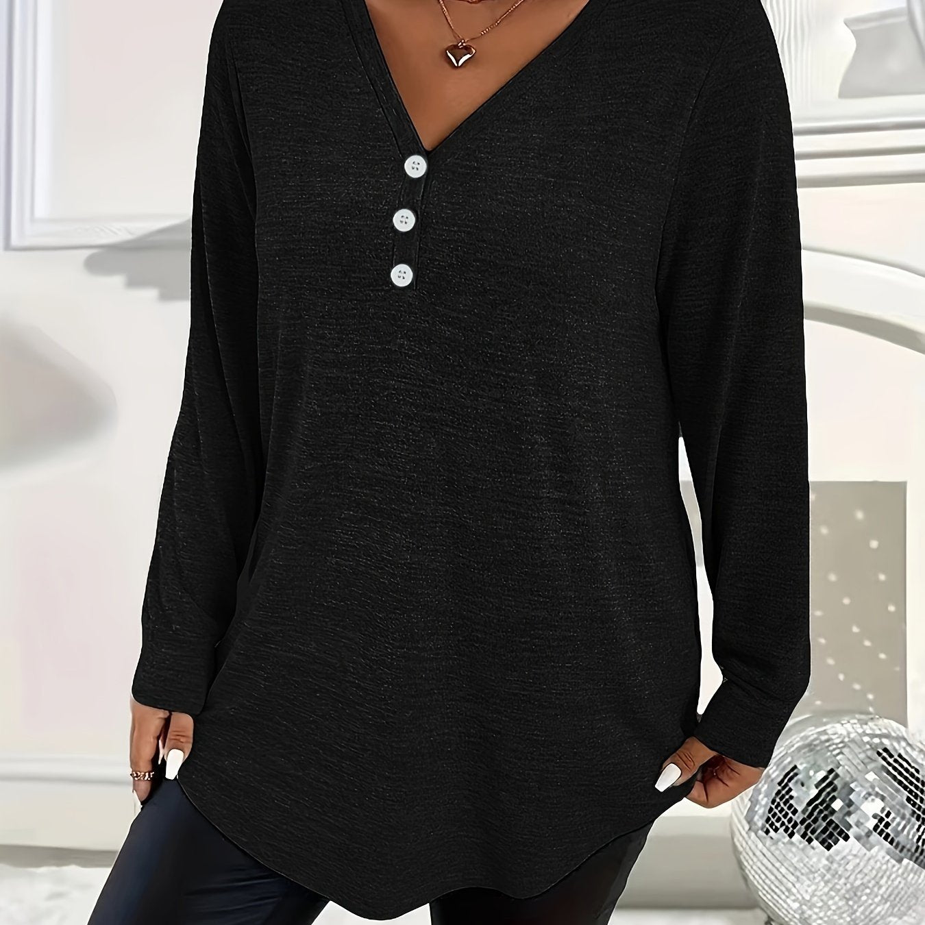 Women's Plus Size V-Neck Long Sleeve Top Polyester Knit Solid Color Fall Winter