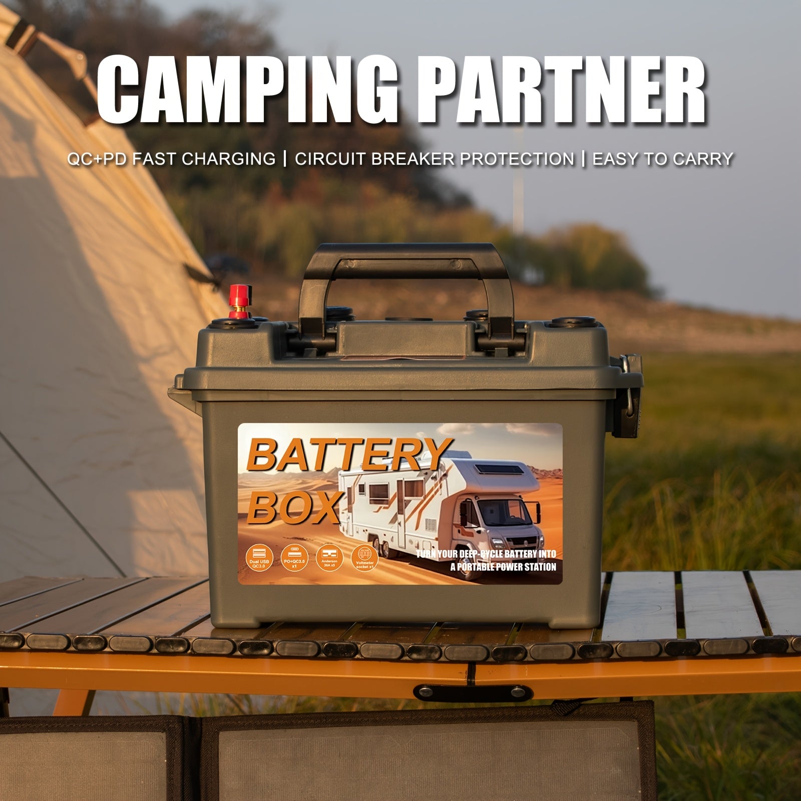 Portable Outdoor Battery Box with USB QC3.0 and Car Charger for RVs