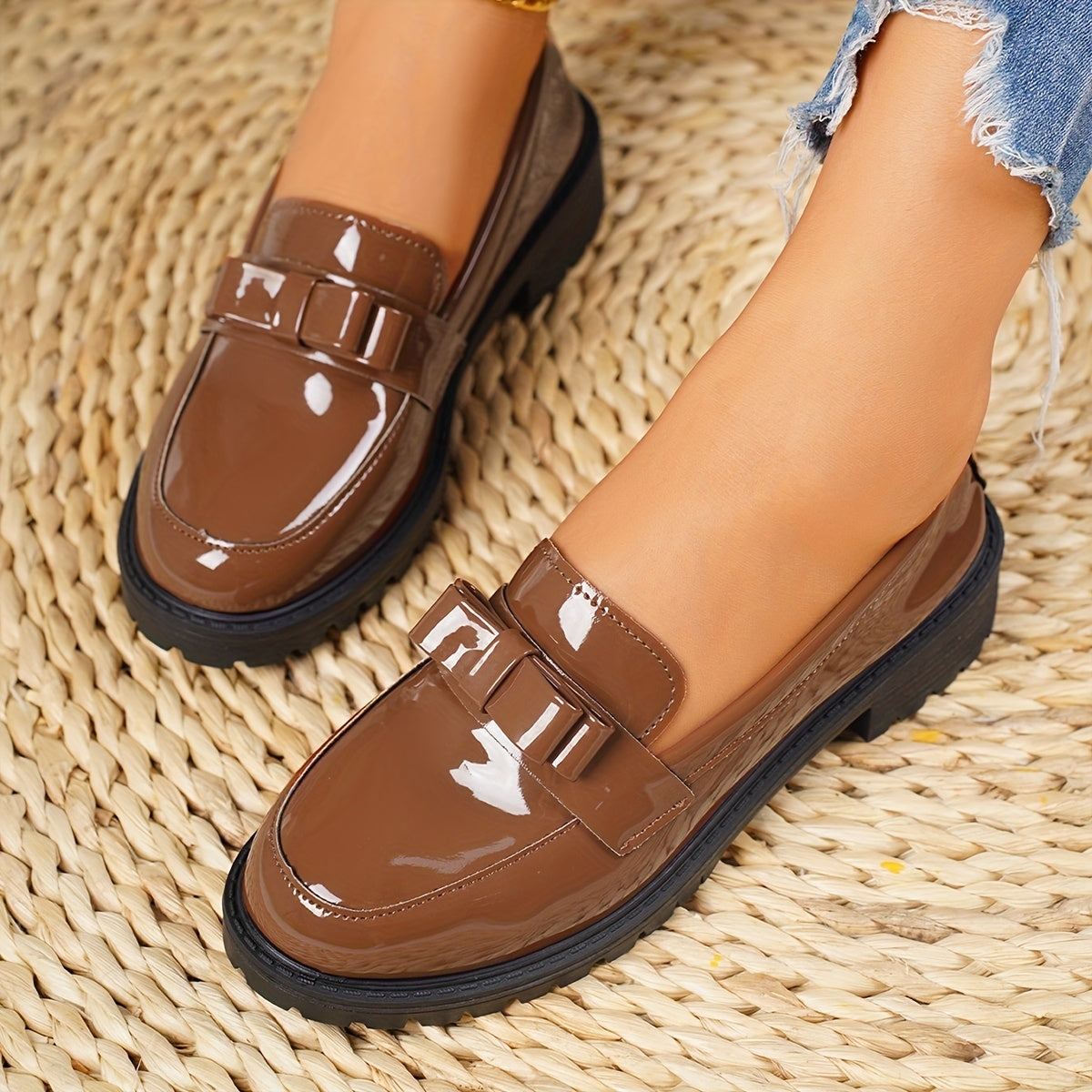 Women's Brown Glossy Bow Slip-On Loafers with Rubber Sole for All-Season Comfort
