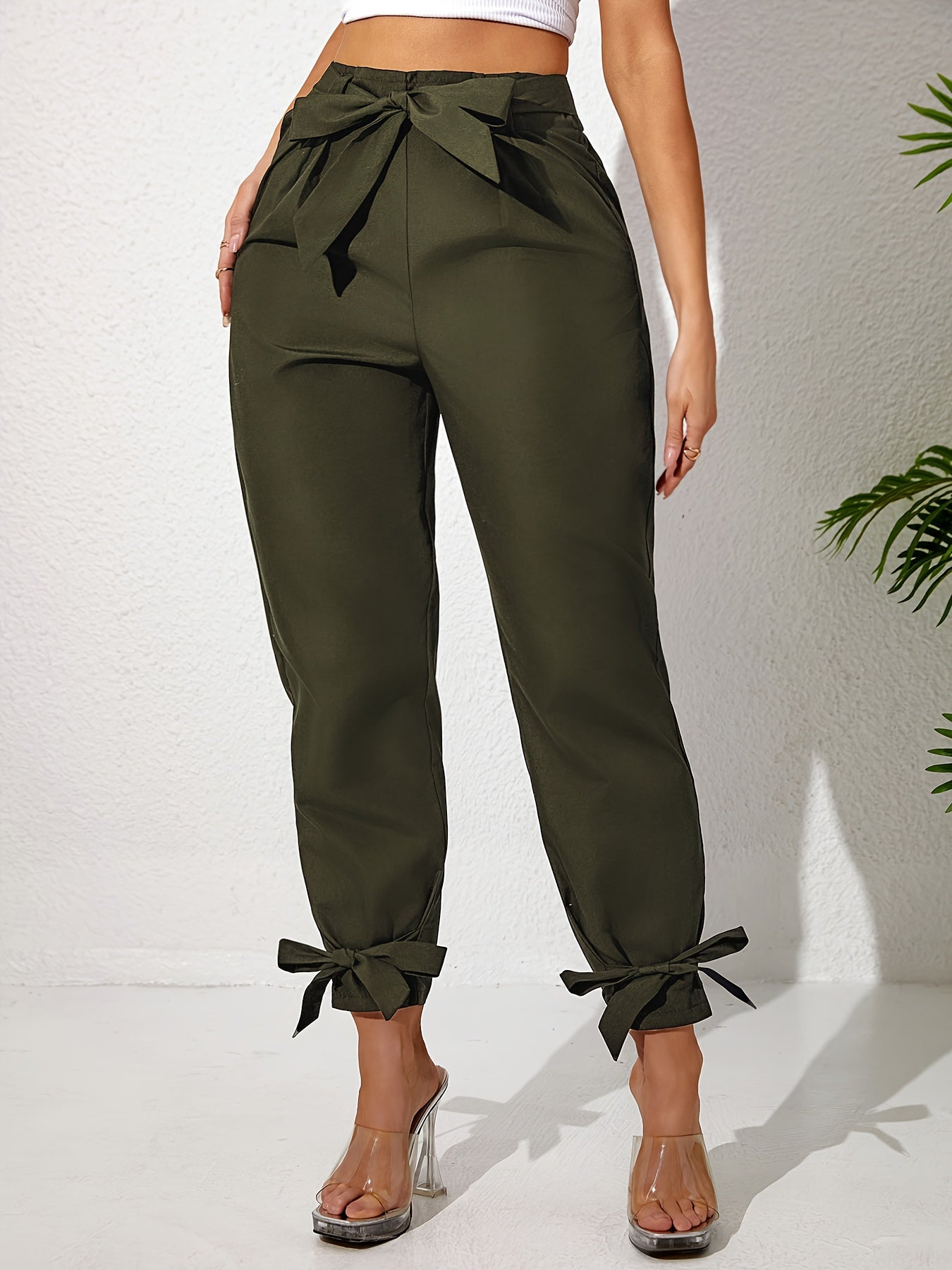 Pantalones rectos de talla grande con cintura elástica con cordón y detalle de lazo para primavera y verano