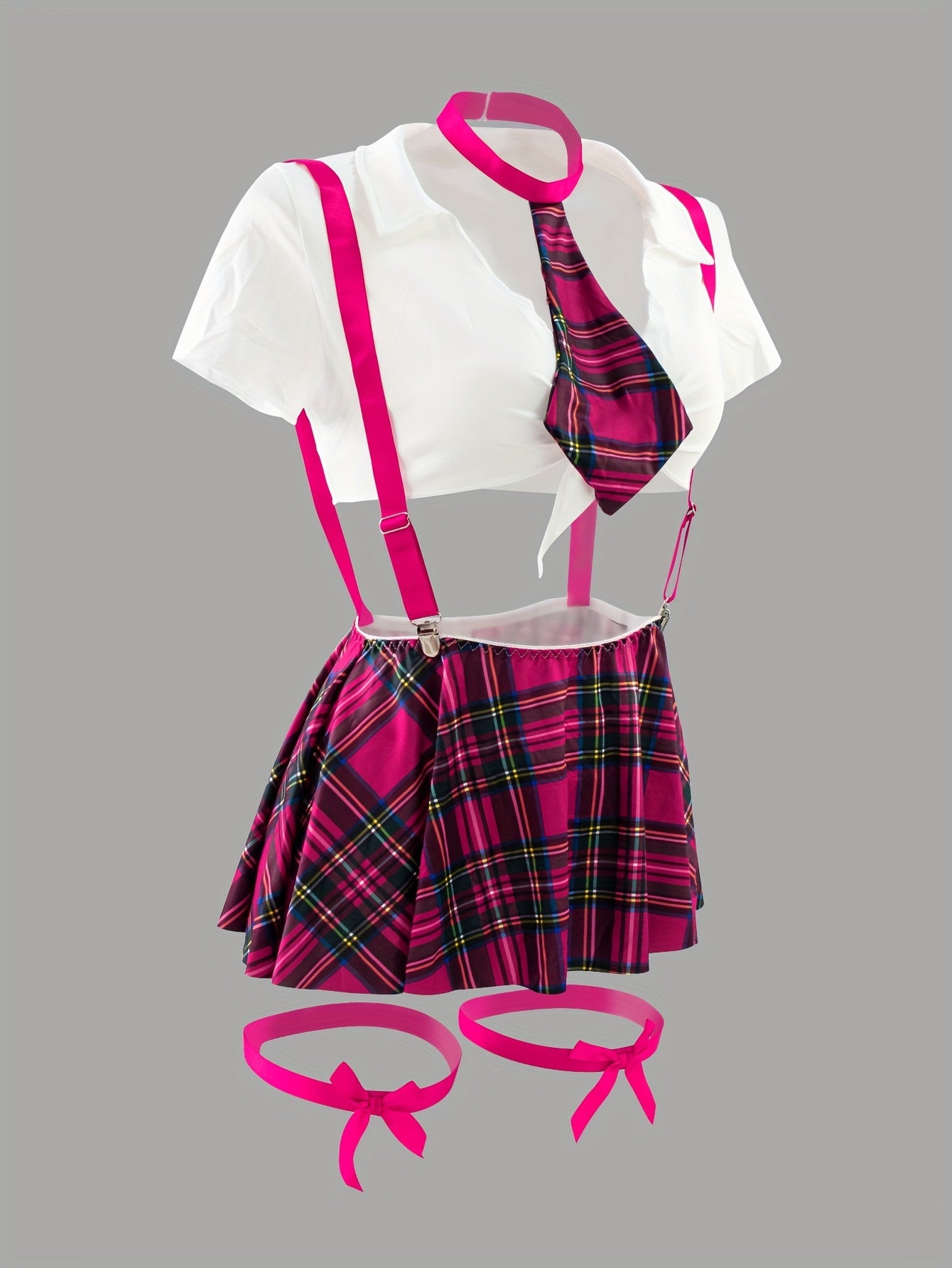 Plus Size Women's Role Play Uniform Set With Plaid Skirt Top Panties Bow Tie