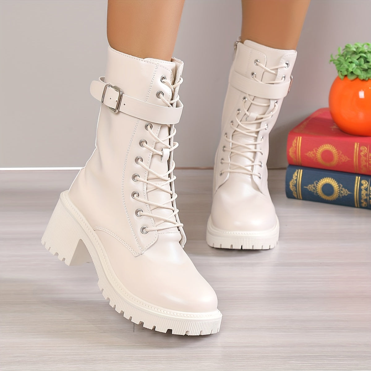 Women's Chunky Heel Mid Calf Boots Lace Up Side Zipper Solid Color Platform