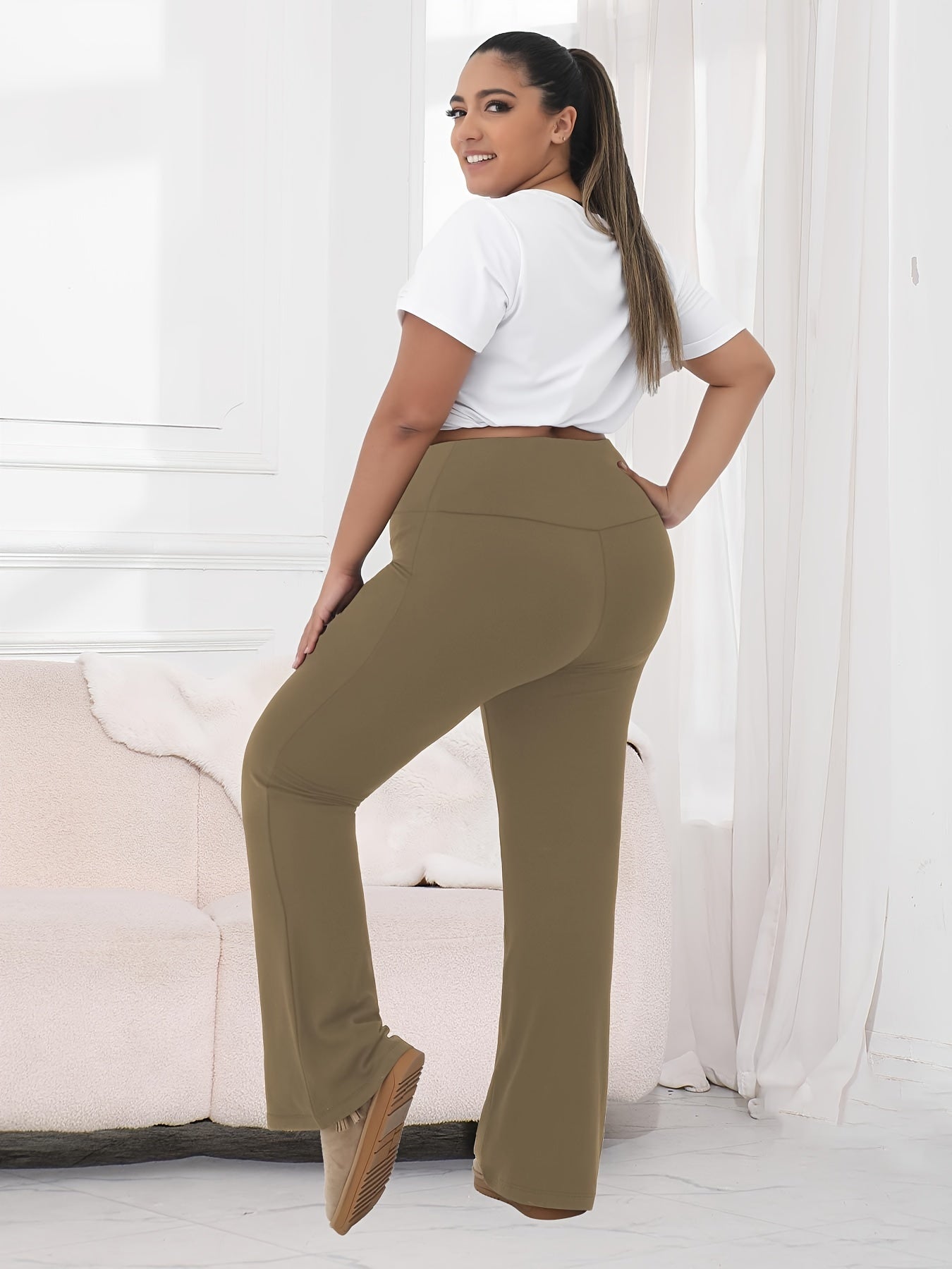 Plus Size Women's Soft High Waist Plush Flare Leggings Tummy Control