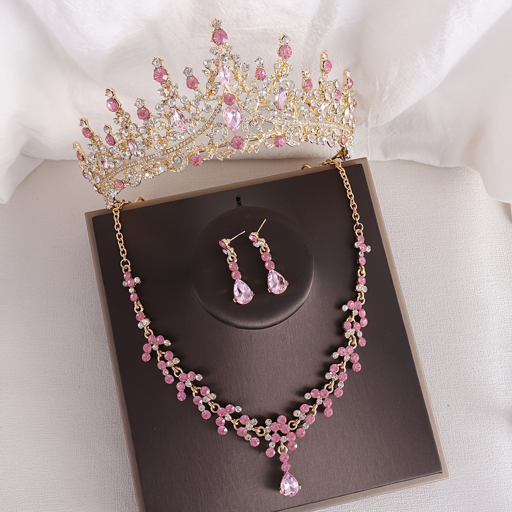 Vintage Baroque Rhinestone Crown Necklace and Earrings Set for Bridal and Wedding