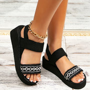 Women's Black Wedge Sandals with Diamond Lace-Up Design EVA Sole Linen Upper