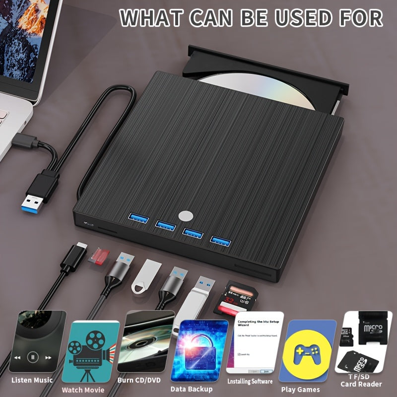 Noutbuklar va Windows, Linux yoki Mac ishlatadigan shaxsiy kompyuterlarda CD/DVD yozish, o'qish va ijro etish uchun 8-in-1 imkoniyatlariga ega, USB 3.0 va Type-C mos keladigan ingichka tashqi optik disk.
