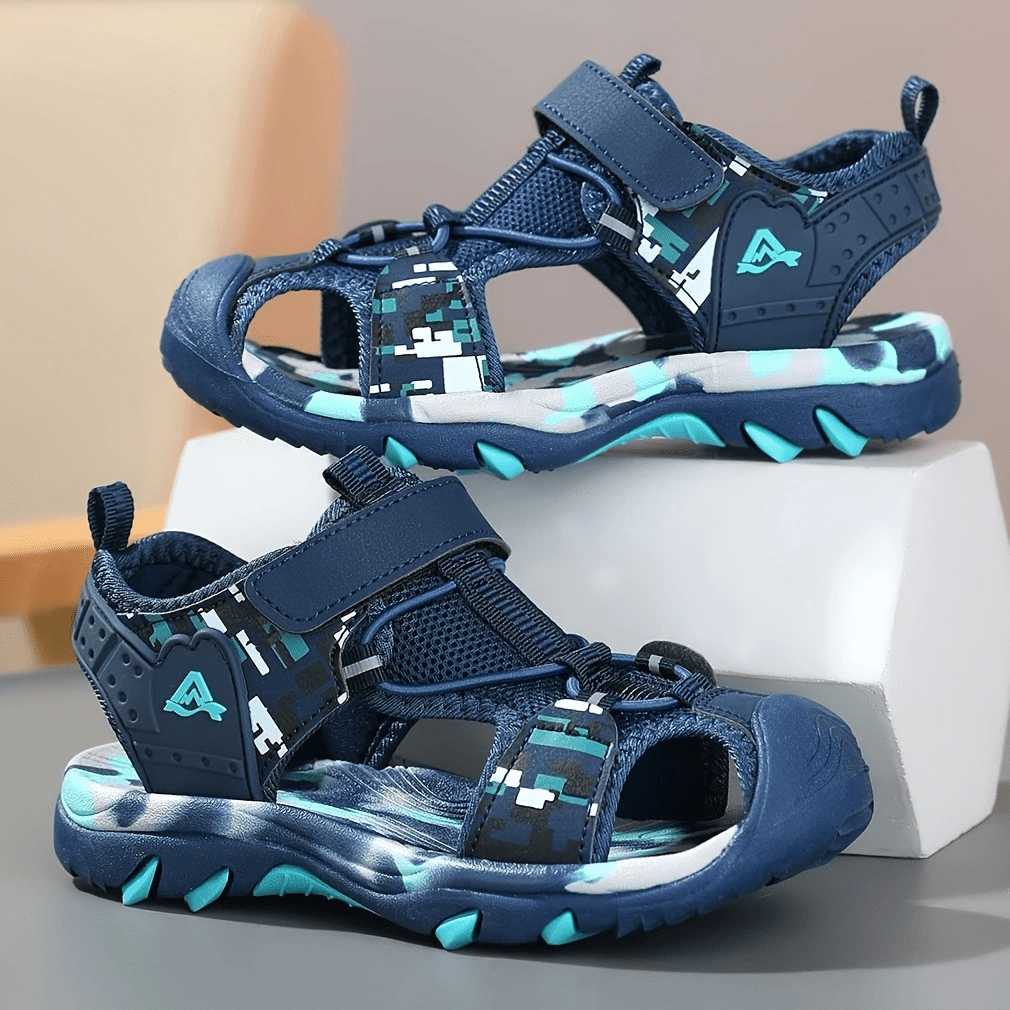 Sandalias deportivas casuales para niños con puntera redonda, cierre elástico y suela TPR