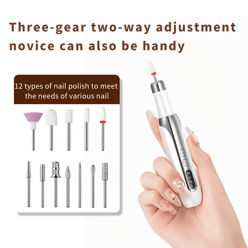 Electric Nail Drill Kit with 12 Grinding Heads USB Rechargeable 3-Speed Dual-Direction Manicure Pedicure Dead Skin Removal