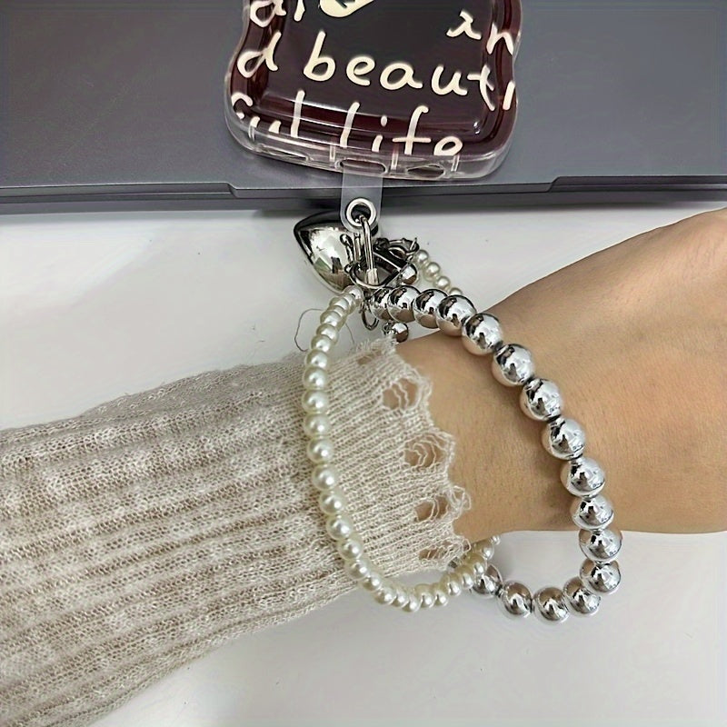 Llavero de corazón con perlas de resina y doble cadena con mosquetón para el Día de San Valentín