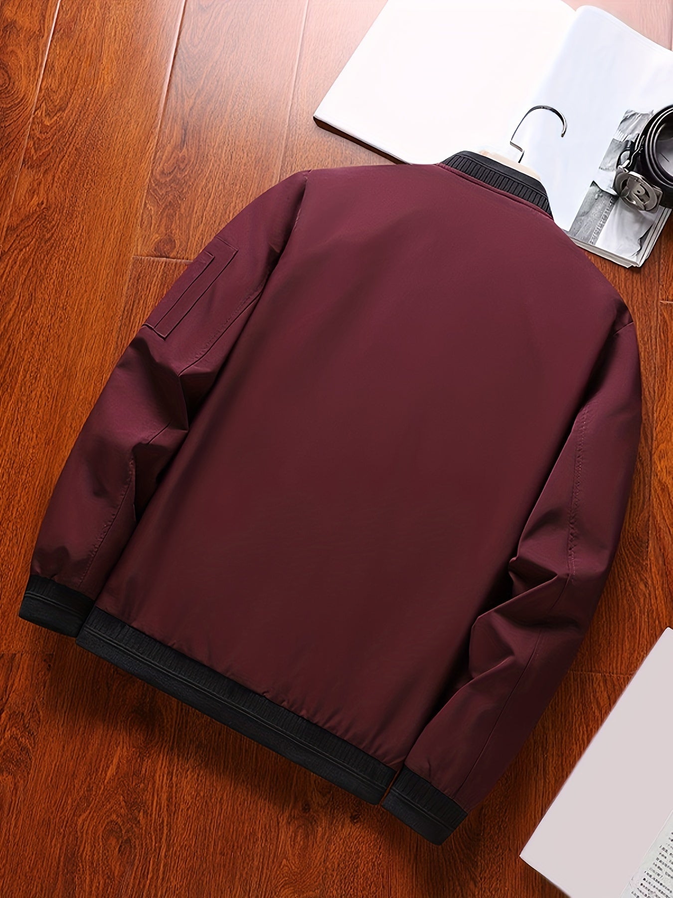 Men's Plus Size Black Lightweight Polyester Bomber Jacket with Zipper and Side Pockets