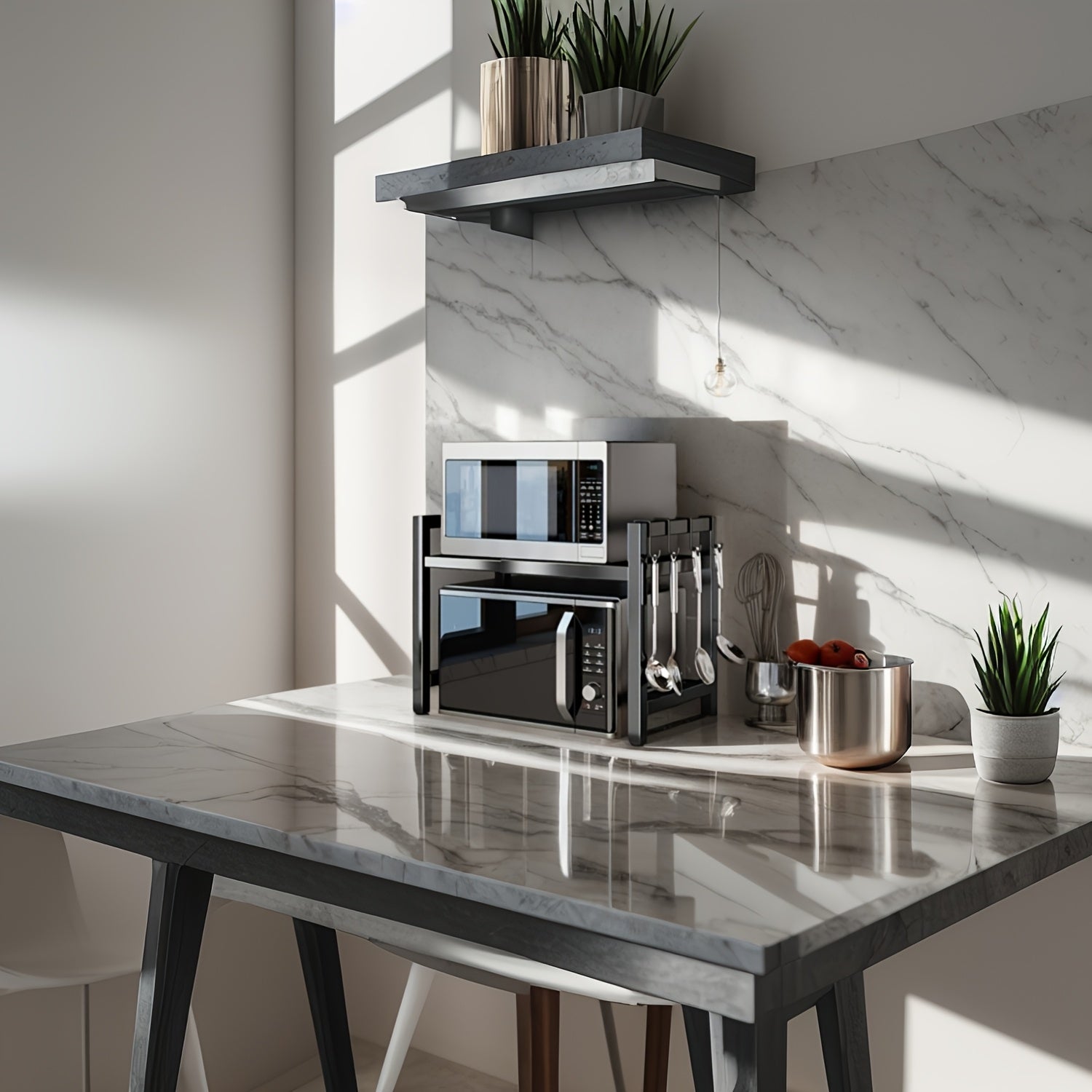 Compact black countertop microwave stand with two tiers, 6 hooks, durable metal