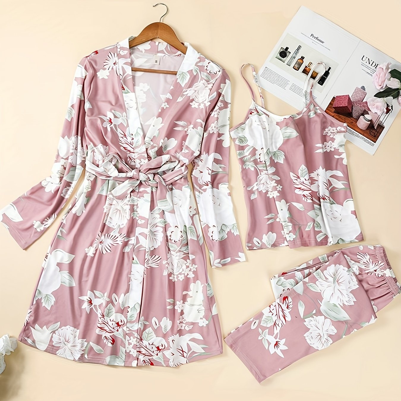Women's Floral Print Lounge Set with Cami Top, Belted Robe and Pants
