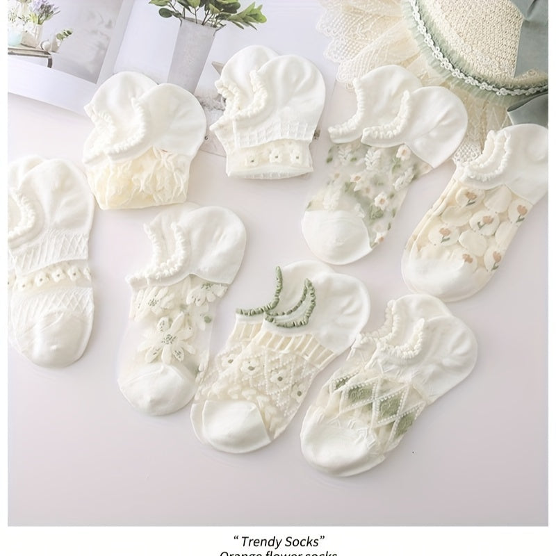 Juego de 8 calcetines invisibles de malla de cristal blanco para mujer verano transpirable de punto