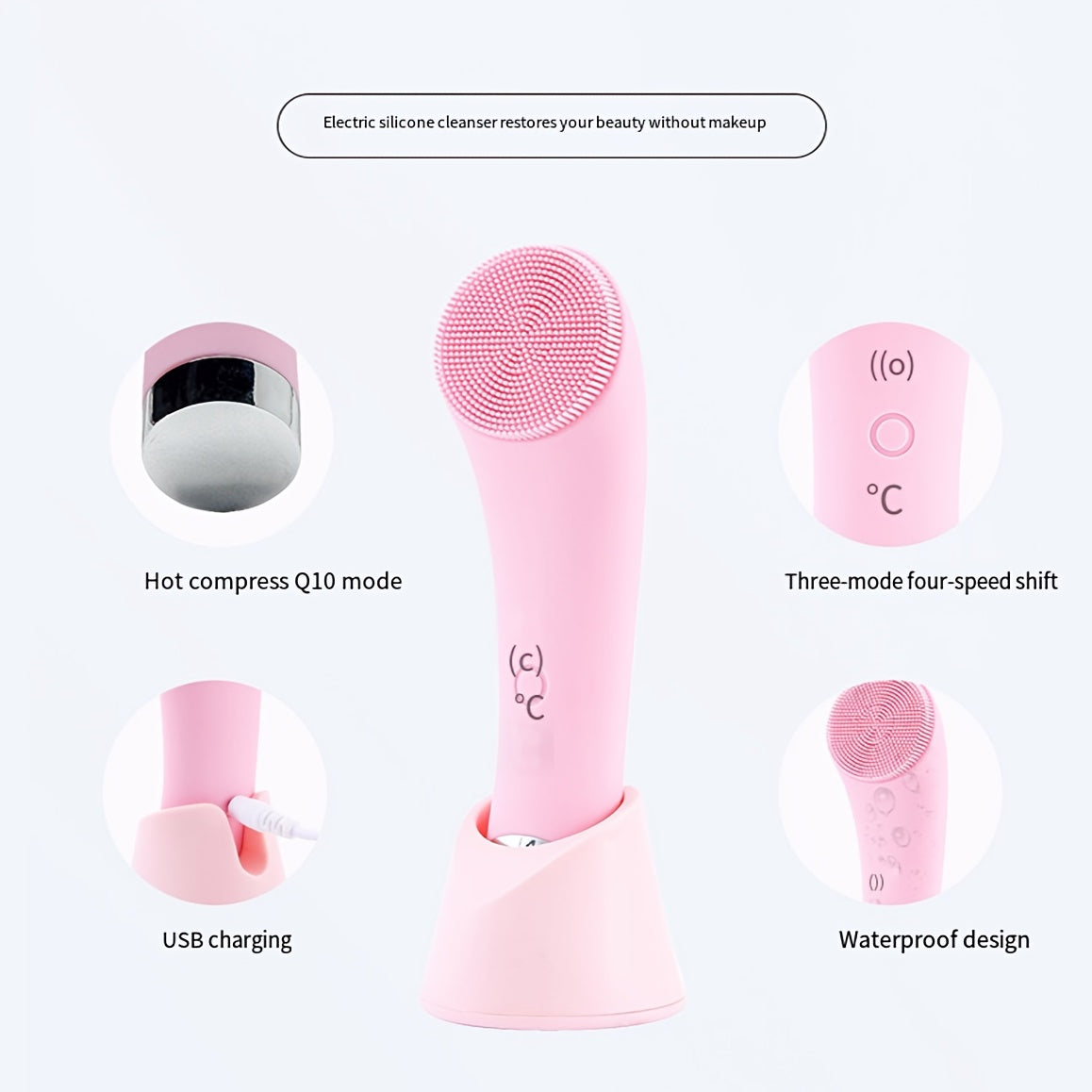 Rechargeable 2-in-1 Electric Facial Cleansing Brush with Silicone Exfoliation Heating and Vibration