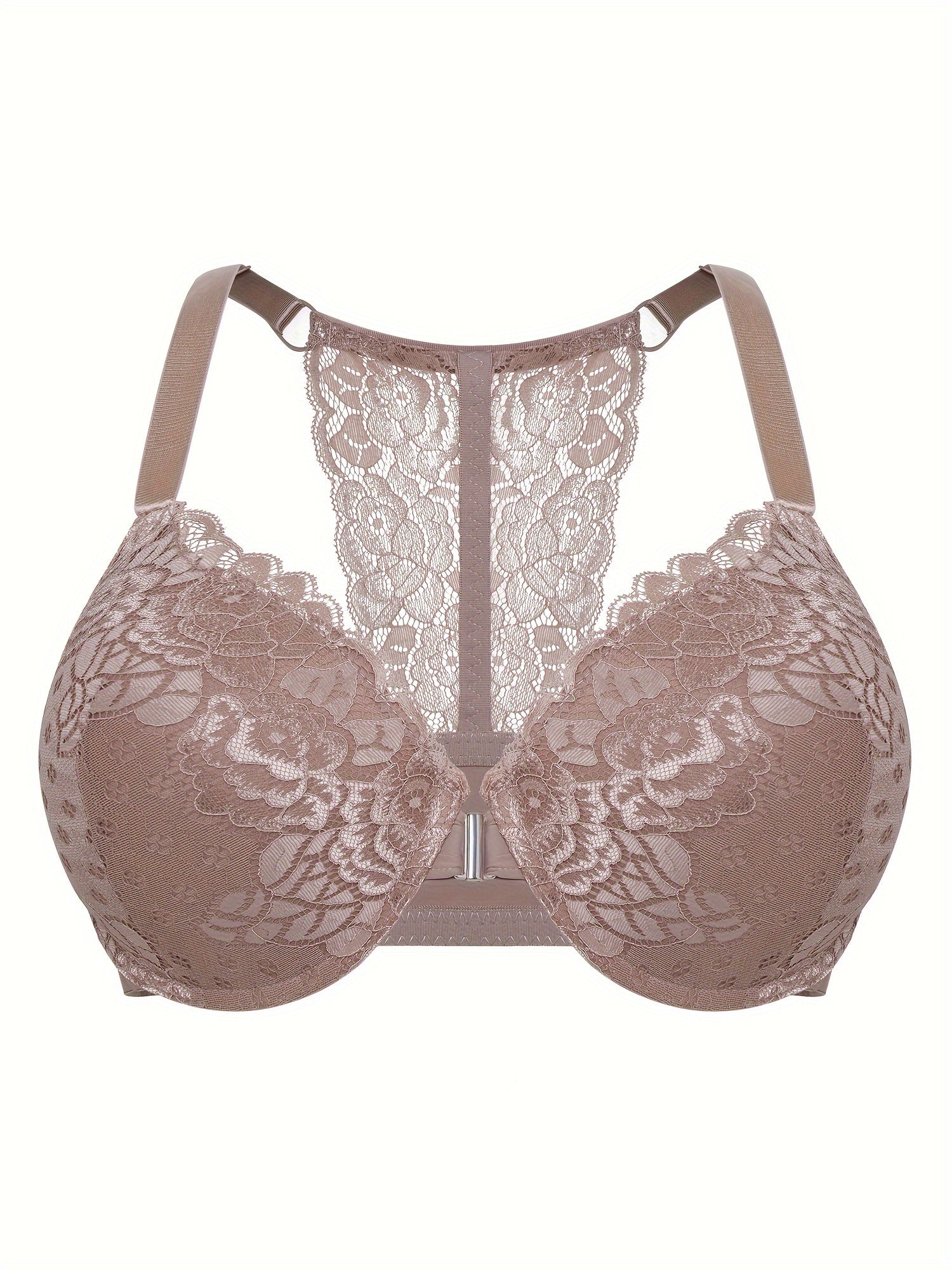 Plus Size Women's Front Closure Underwire Lace Racerback Bras Set of 3 Lightly Lined Floral Knit