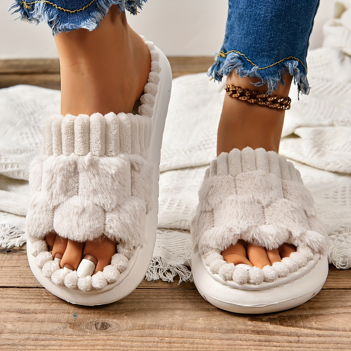 Женские плюшевые домашние тапочки-слипоны из искусственного меха с нескользящей подошвой из EVA