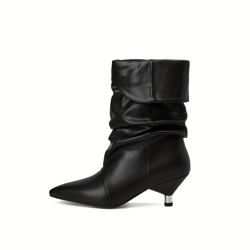 Women's Mid-Calf Faux Leather Western Stacking Boots Slip-On Toe