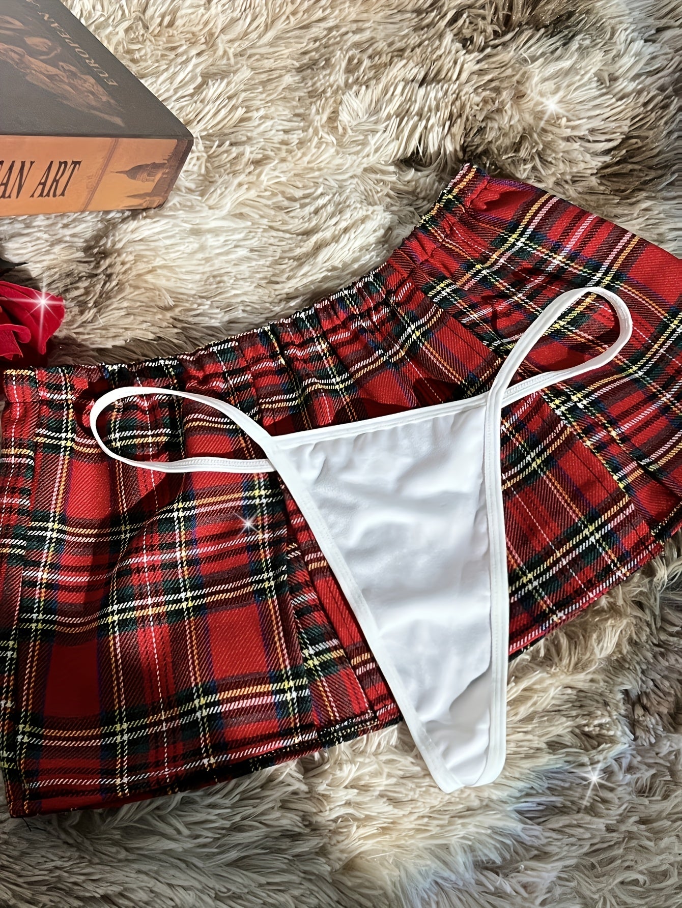 Women’s Plaid Lingerie Set with Crop Top Tie Thong and Skirt