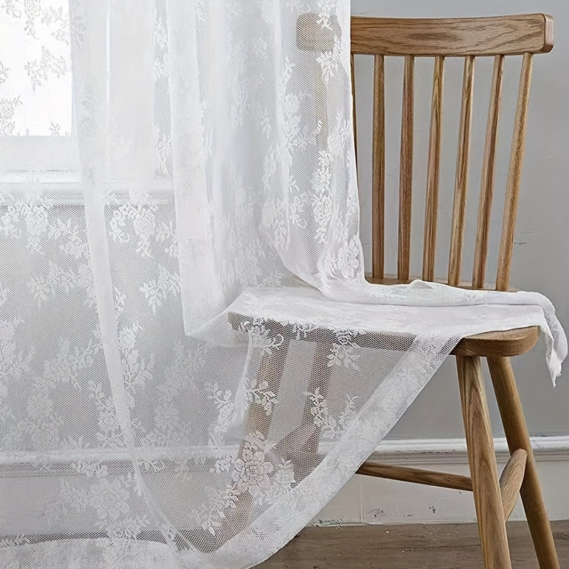French White Lace Sheer Curtain with Floral Pattern for Living Room Privacy and Decor
