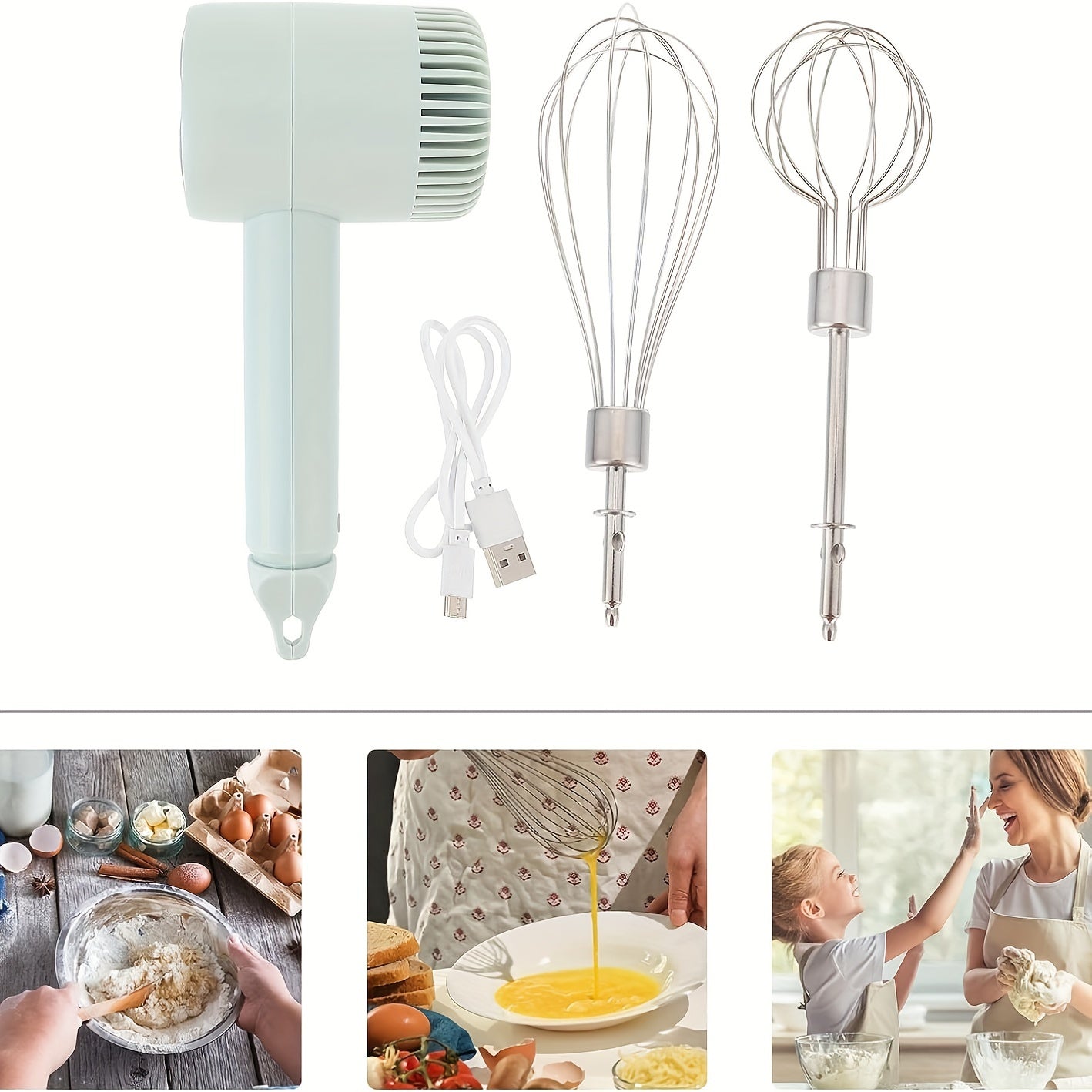 Electric Hand Mixer Stainless Steel Whisk 3-Speed Rechargeable Food Blender