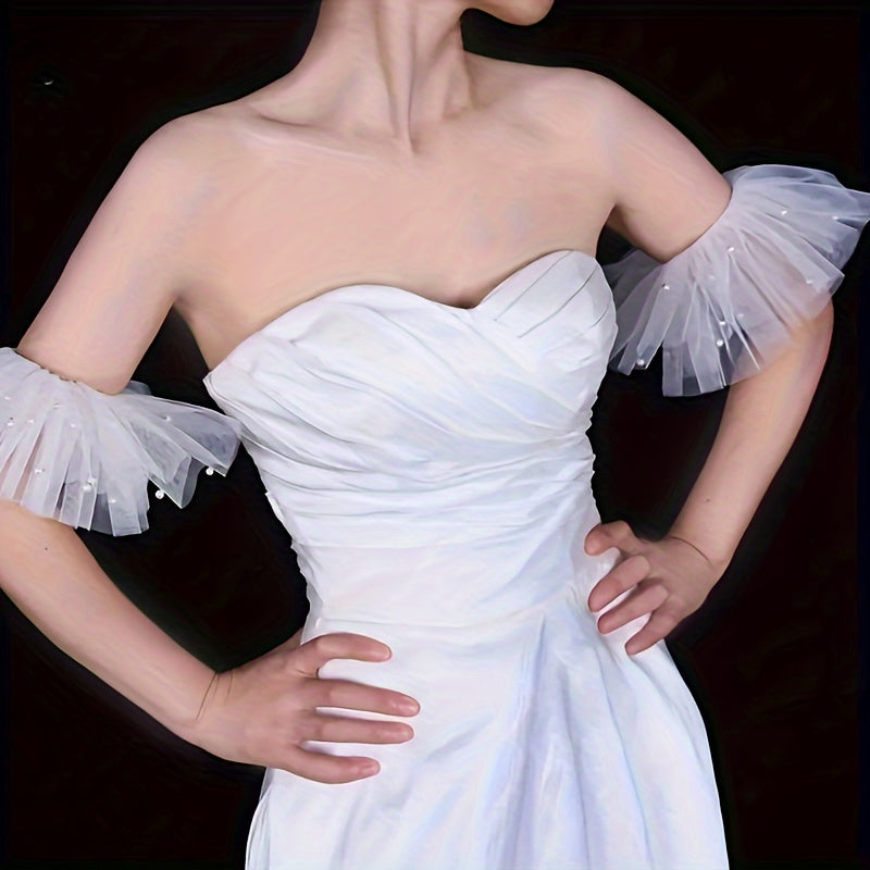 White Mesh Beaded Bridal Wrist Cuffs for Wedding Sleeve Decorations