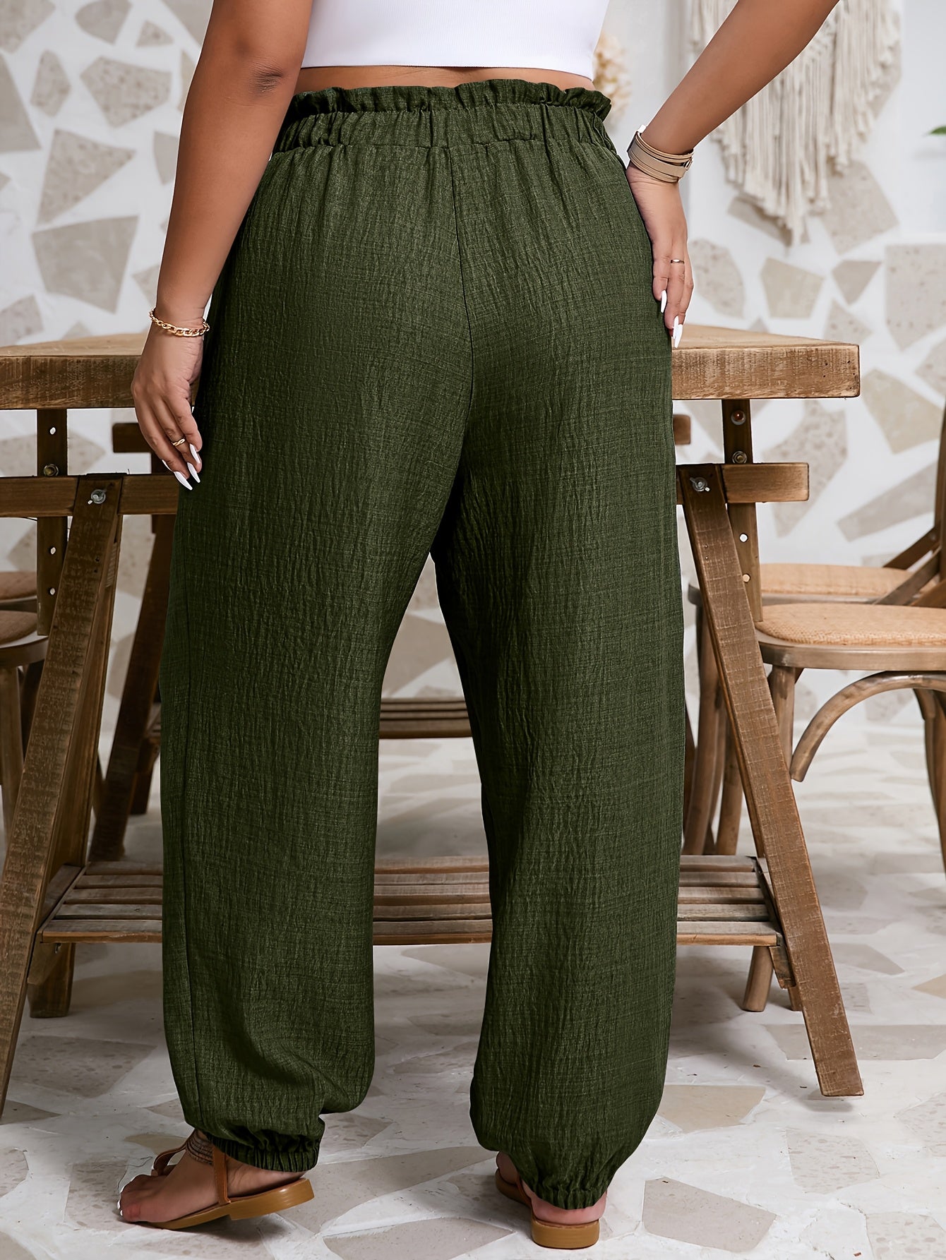 Women's Gray Harem Pants with Tie Waist and Ruffled Cuffs Polyester