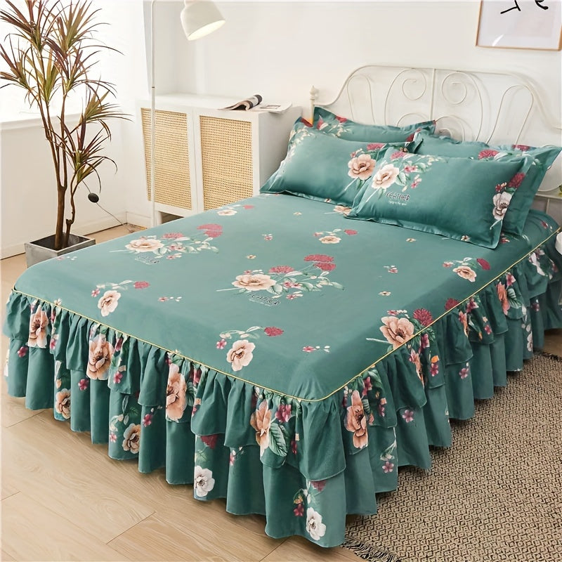 Flower Printed Bedding Set with Bed Skirt and Pillowcases All Seasons Universal