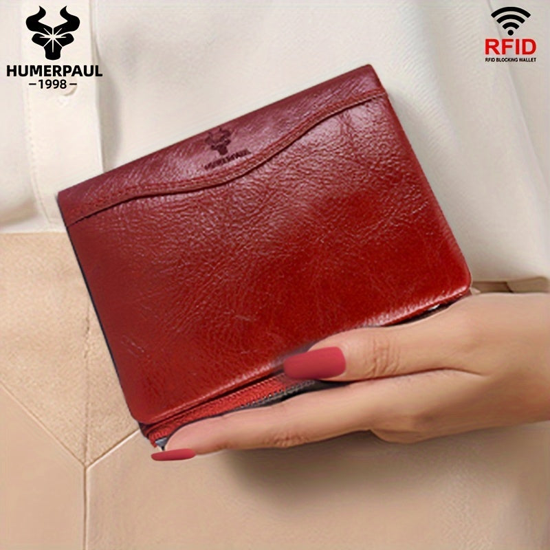 Women's RFID Blocking Red Leather Vintage Wallet with Zipper Closure