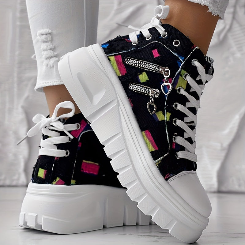 Women's Mid-Top Rainbow Heart Sneakers with Chunky Rubber Sole