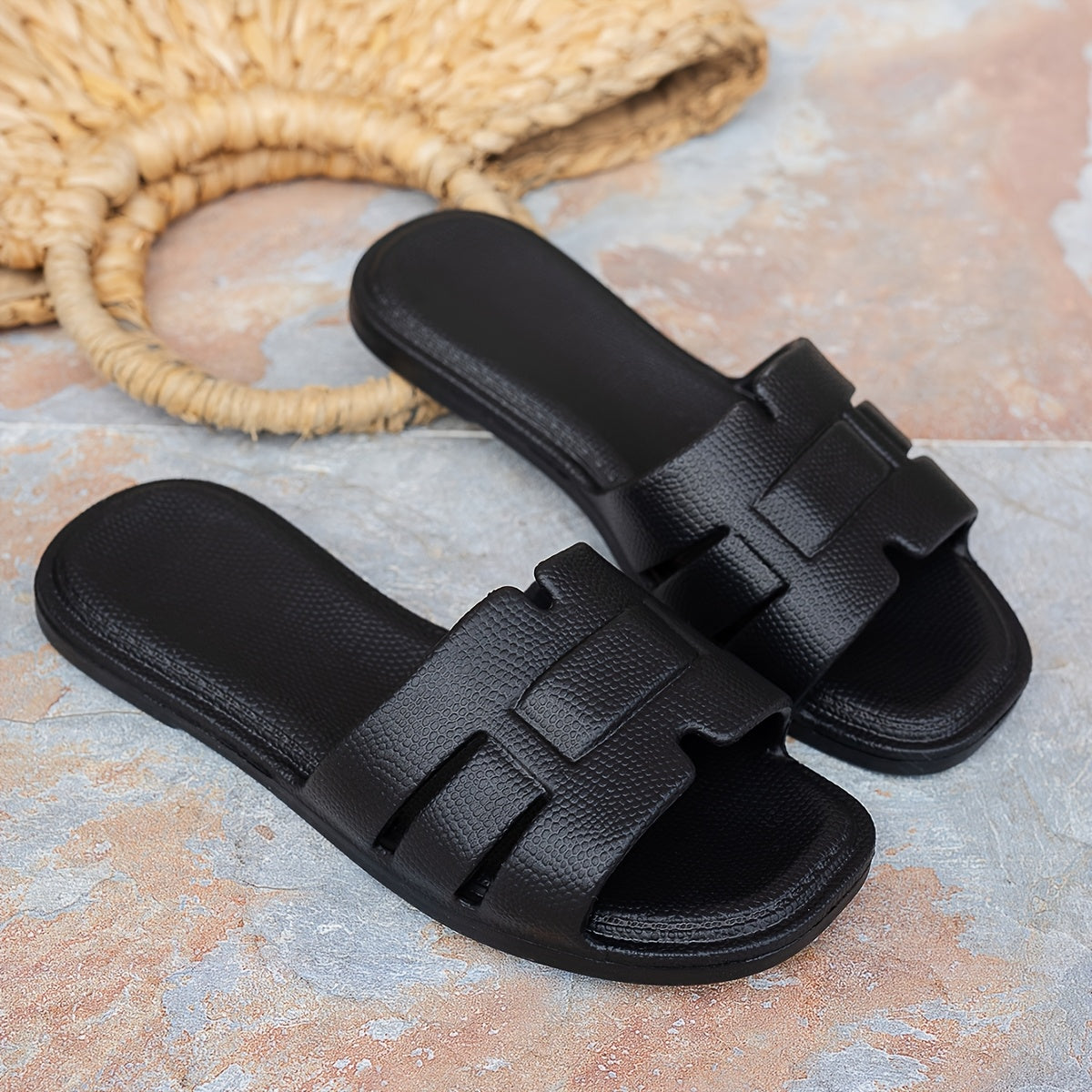 Women's Black EVA Flat Open Toe Beach Sandals Slip-On Casual