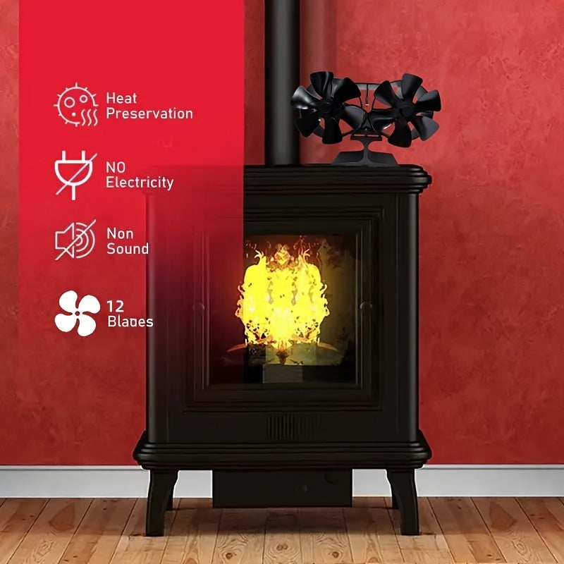 Dual Motor 12-Blade Heat Powered Wood Stove Fan for Fireplace and Stove Heating