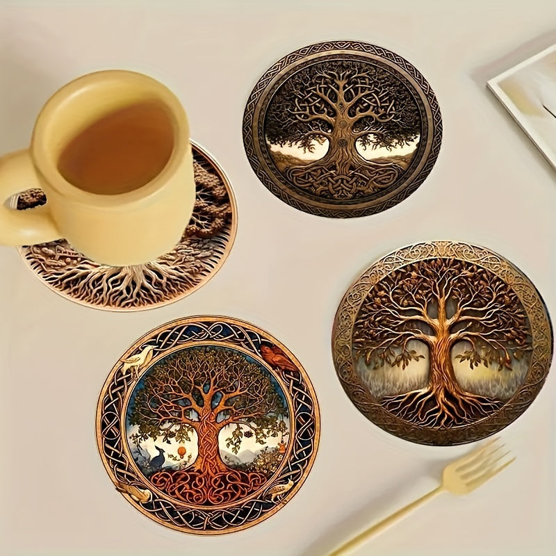 8pcs Wooden Coasters Tree of Life Artistic Design for Drinks Coffee Tea Home Restaurant