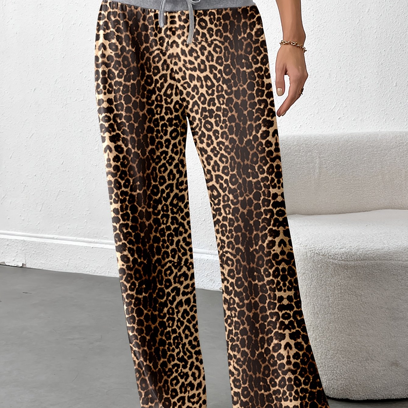 Women's Plus Size High-Waisted Wide-Leg Pants Soft Stretchy Fabric Brown Casual Lounge